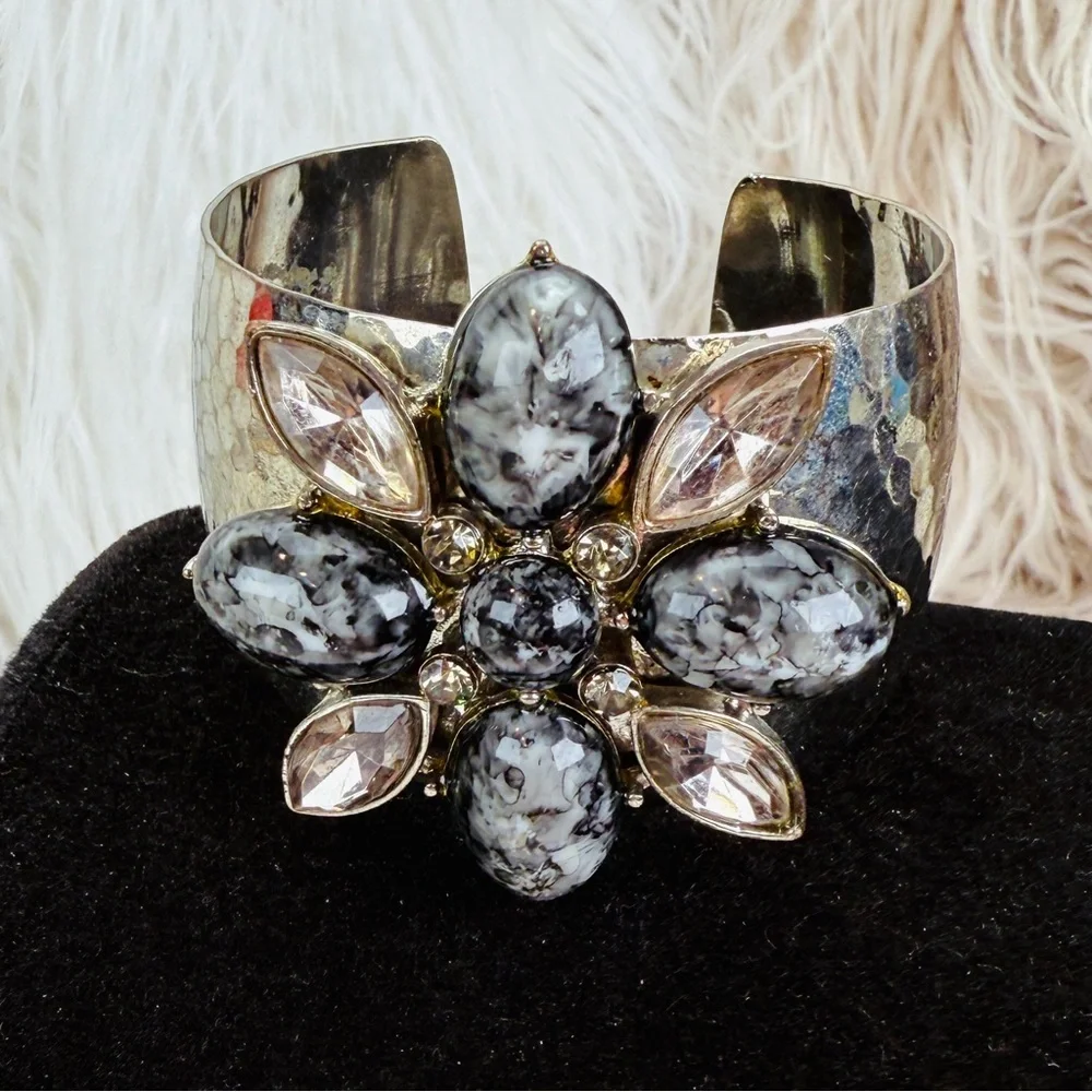 Vintage aged, Silvertone oxidized, colored accent, large cuff, runway bracelet